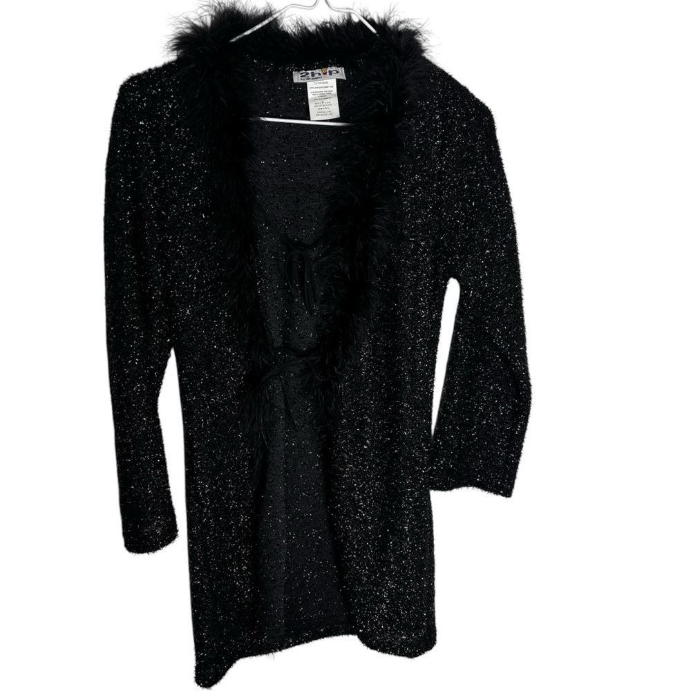 Y2K goth black fuzzy sparkly feather trim tie front lightweight cardigan duster